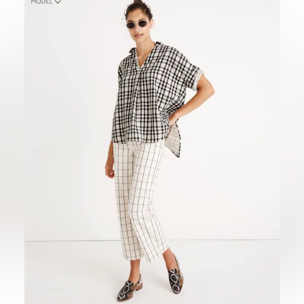 Madewell Black and White Check Boxy V-Neck Blouse With Button Back